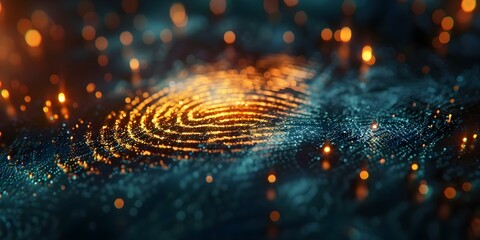 Close-up of a Dark Illuminated Fingerprint for Personal Identification in Digital Technology. Concept Digital Identification, Biometrics, Security Technology, Fingerprint Scanning, Data Encryption - obrazy, fototapety, plakaty