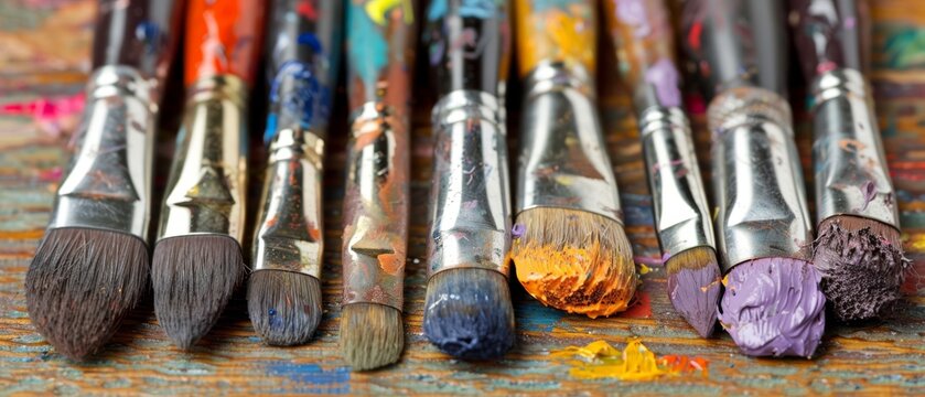  a group of paint brushes sitting next to each other on top of a piece of paper on top of a table.