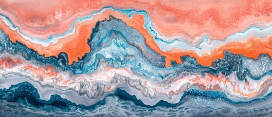  an abstract painting of blue, orange, and white waves on an orange and blue background with a red center.