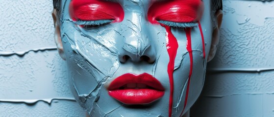  a close up of a woman's face with red paint on her face and red lipstick on her lips.