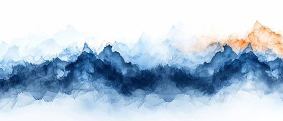  a painting of a mountain range with blue, orange, and white smoke coming out of the top of it.