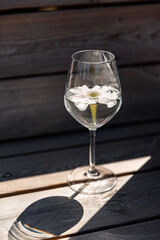 objects, summer and drinks concept - close up of glass of water with flower on wooden bench - 759999351