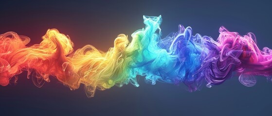  a rainbow colored smoke is in the shape of a cat on a dark background with a blue sky in the background.