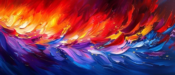 Foto op Canvas  a painting of a multicolored wave of paint on a black background with a red, orange, yellow, and blue swirl. © Jevjenijs