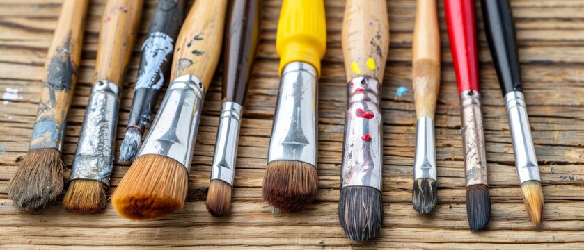  a close up of a bunch of paint brushes on a wooden surface with one of the brushes in the foreground and the rest of the brushes in the foreground.