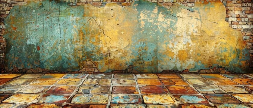  an old grungy brick wall with a grungy wall and a tiled floor in front of it.