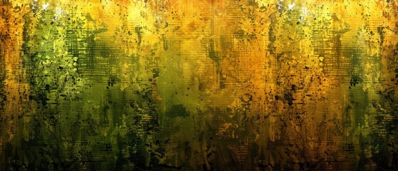  an abstract painting of yellow, green, and brown colors with streaks of light coming from the top of the painting.