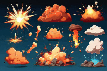 3 big different phases fire mushroom cloud explosion of fusion bomb with smoke and flames isolated on black background - 3D illustration of explosion
