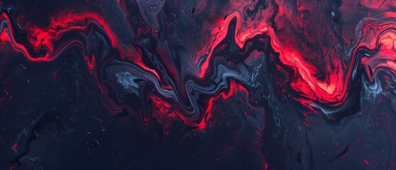  Red-black swirls on black canvas, water droplets highlighted in red and blue.. - obrazy, fototapety, plakaty