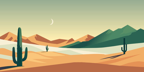 Stylized flat vector illustration of a peaceful desert scene with cacti and mountains as the sun sets. Festive poster, mexican background, Mexico backdrop for festival Cinco de mayo