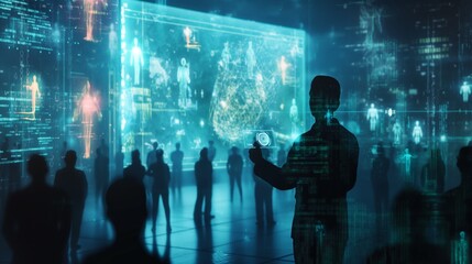An entrepreneur participating in a holographic pitch presentation, showcasing business ideas to potential investors in a futuristic setting.