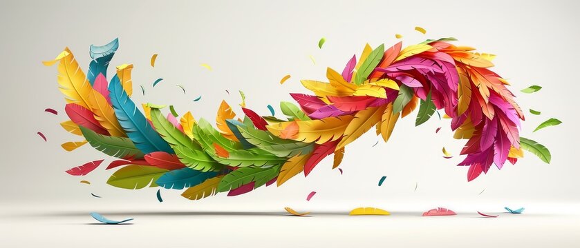  A colorful bird soars through the air, trailing confetti from its tail.
