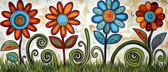  A stunningly detailed, vibrant field of flowers adorned with elegant swirl patterns on the petals and foliage.