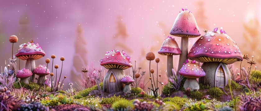  Pink mushrooms in green field, near purple forest