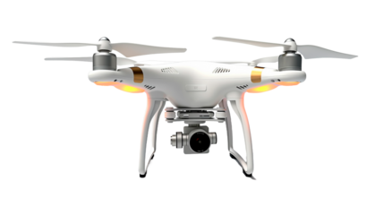White drone quadcopter with digital camera isolated on transparent background.
