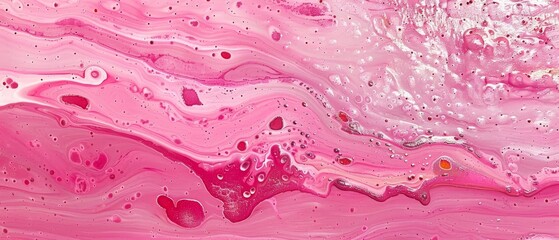  A macro photo of vibrant pink and white abstract painting, featuring water droplets dripping from the canvas edge.