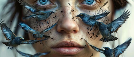  A close-up of a woman's face, adorned with blue eyes, surrounded by birds.