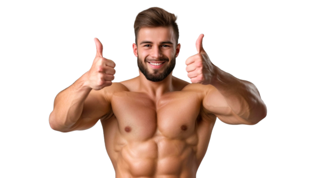 Portrait of smiling handsome muscular man making thumbs up gesture, isolated on transparent or white background. 