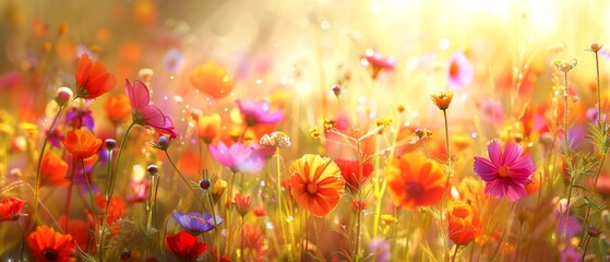  A colorful flower field bathed in sunlight, with vibrant petals illuminated by warm rays emanating from behind the field