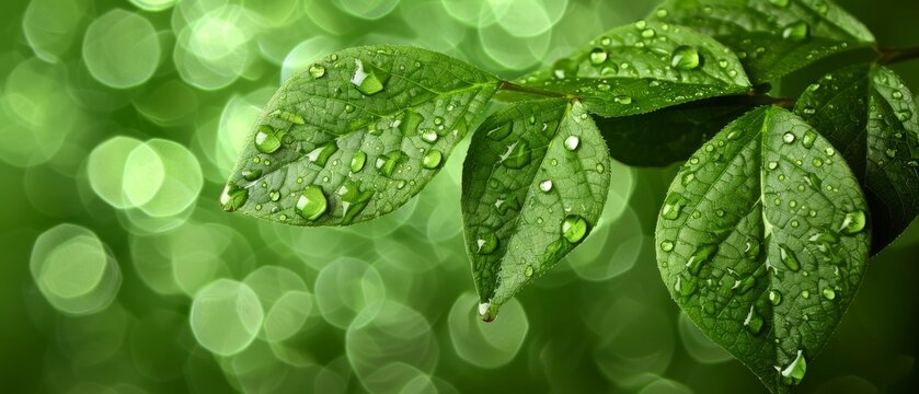  A clear photo of a green leaf with water droplets, set against a softly blurred backdrop of green light.