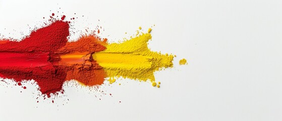  Group of colorful powders arranged on white surface with central yellow-red arrow