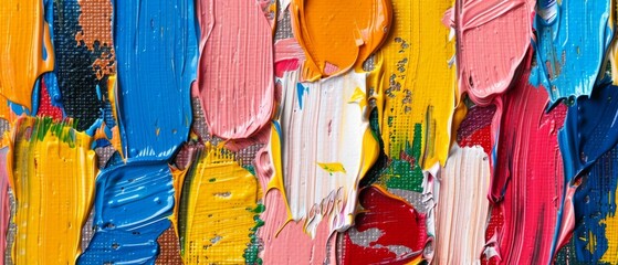  A vivid close-up of a colorful wall adorned with splattered paint spatulas