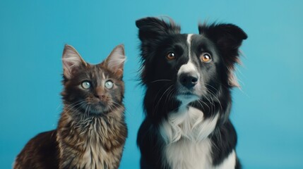 A tabby cat and a border collie dog pose together against a blue background.