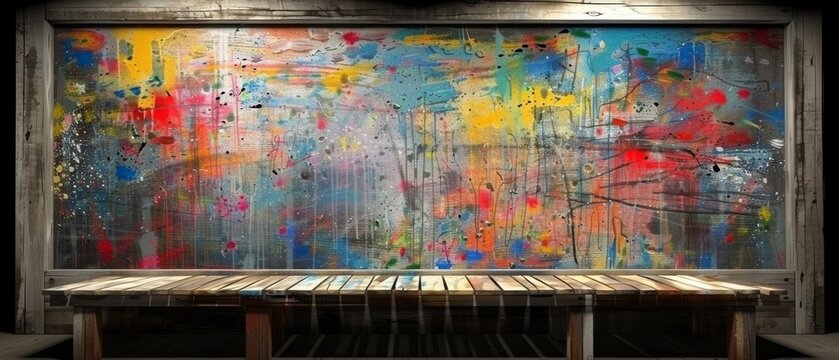  A painting on a wall with a bench in front of it and two benches in front of it.