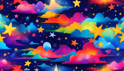A close-up of a colorful and detailed fabric art design with a starry night theme