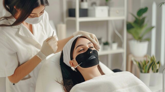 Beautiful woman getting facial mask at beauty salon. Cosmetologist applying charcoal black mask onto woman's face