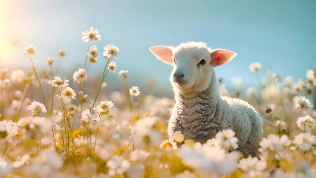 Cute little lamb in beautiful spring meadow with flowers. Newborn baby lamb. Animal summer love concept. Sunny landscape with baby sheep 4k video
