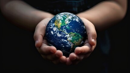 The child's hands hold the planet Earth. The concept of caring for the environment for the future generation. 