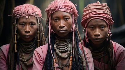 Three people with traditional jewelry and headdresses, representatives of a culture or tribe
Concept: cultural diversity, social studies, ethnography, cultures and traditions. - obrazy, fototapety, plakaty