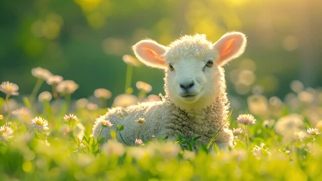 Cute little lamb in beautiful spring meadow with flowers. Newborn baby lamb. Animal summer love concept. Sunny landscape with baby sheep 4k video