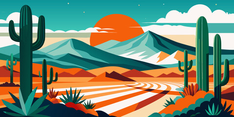 Colorful flat artistic rendering of a desert with cacti, mountains and sun in warm hues. Festive poster, mexican background, Mexico backdrop for festival Cinco de mayo