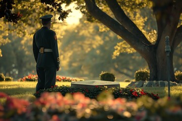 general stands before a grave, gazing towards his fallen comrade - obrazy, fototapety, plakaty