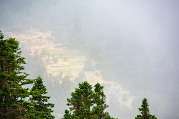 The beautiful scenery of Huanglong Yaochi in rainy season in Sichuan, China
