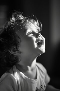 Black and white portrait capturing a young child's laughter