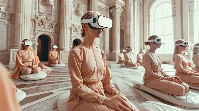 Yoga class with people wearing VR headsets - Powered by Adobe