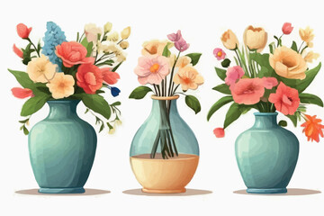 Vector flowers watercolor painting, glass jar with garden flowers and leaves, greeting card, invitation, poster, wedding decoration 