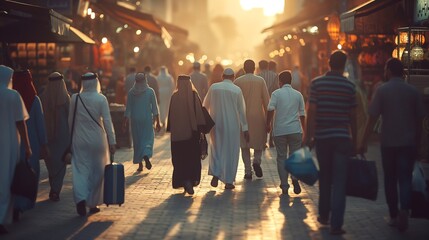 group of people walking at traditional market in arabic - obrazy, fototapety, plakaty