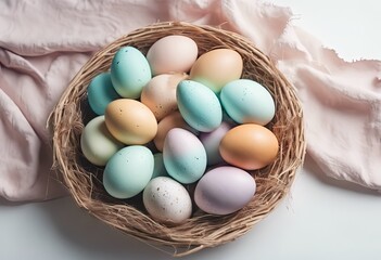 Happy Easter. Many Easter colorful eggs in a wooden basket. Painted eggs for Easter