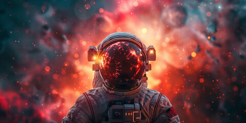A man in a space suit is standing in front of a red and orange explosion - obrazy, fototapety, plakaty