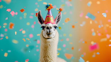 Cheerful llama in a jester's cap on a bright background with confetti