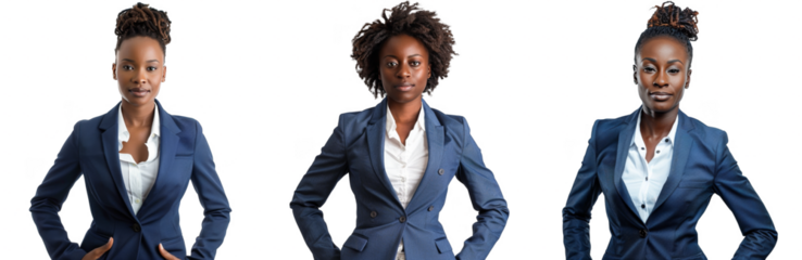 Portrait Collection of black woman in a blue and white business suit with hands-on-hips pose isolated on a white background as transparent PNG
