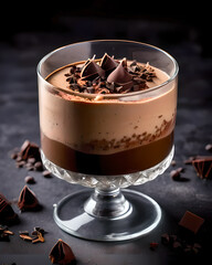 Classic tiramisu dessert in a glass on a dark background.