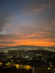 Orange morning sky, sunrise in Medellin, Colombia
