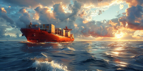 A large red ship is sailing in the ocean - obrazy, fototapety, plakaty
