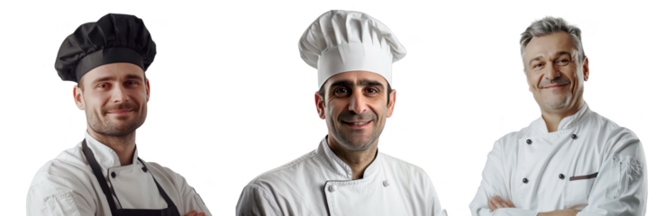 Portrait Collection of man chef with a satisfied face isolated on a white background as transparent PNG
