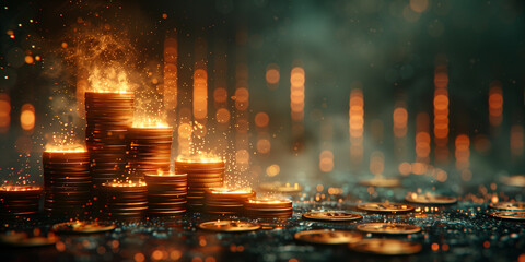 A pile of gold coins with a fire in the background